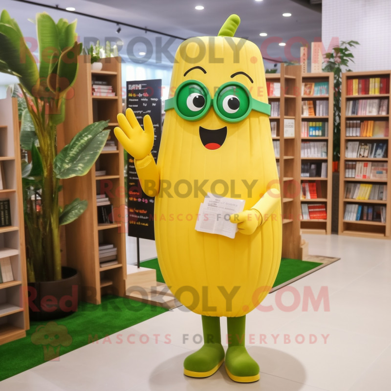 Gold Zucchini mascot costume character dressed with a Midi Dress and Reading glasses