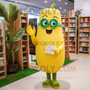 Gold Zucchini mascot costume character dressed with a Midi Dress and Reading glasses