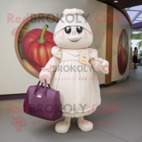 Cream Plum mascot costume character dressed with a Skirt and Handbags