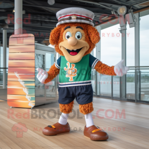 Rust Irish Dancing Shoes mascot costume character dressed with a Board Shorts and Berets