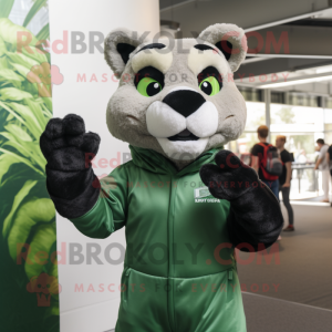 Forest Green Puma mascot costume character dressed with a Polo Shirt and Gloves