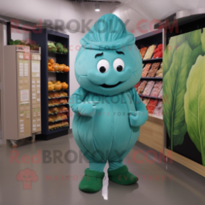 Teal Cabbage mascot costume character dressed with a Leggings and Caps