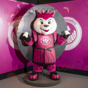 Magenta Celtic Shield mascot costume character dressed with a Bomber Jacket and Cummerbunds