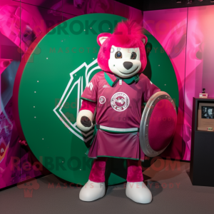Magenta Celtic Shield mascot costume character dressed with a Bomber Jacket and Cummerbunds