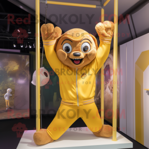 Gold Trapeze Artist mascot costume character dressed with a Sweatshirt and Gloves
