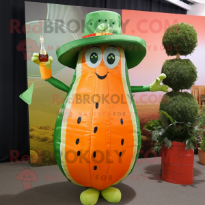 Orange Cucumber mascot costume character dressed with a Cocktail Dress and Hats