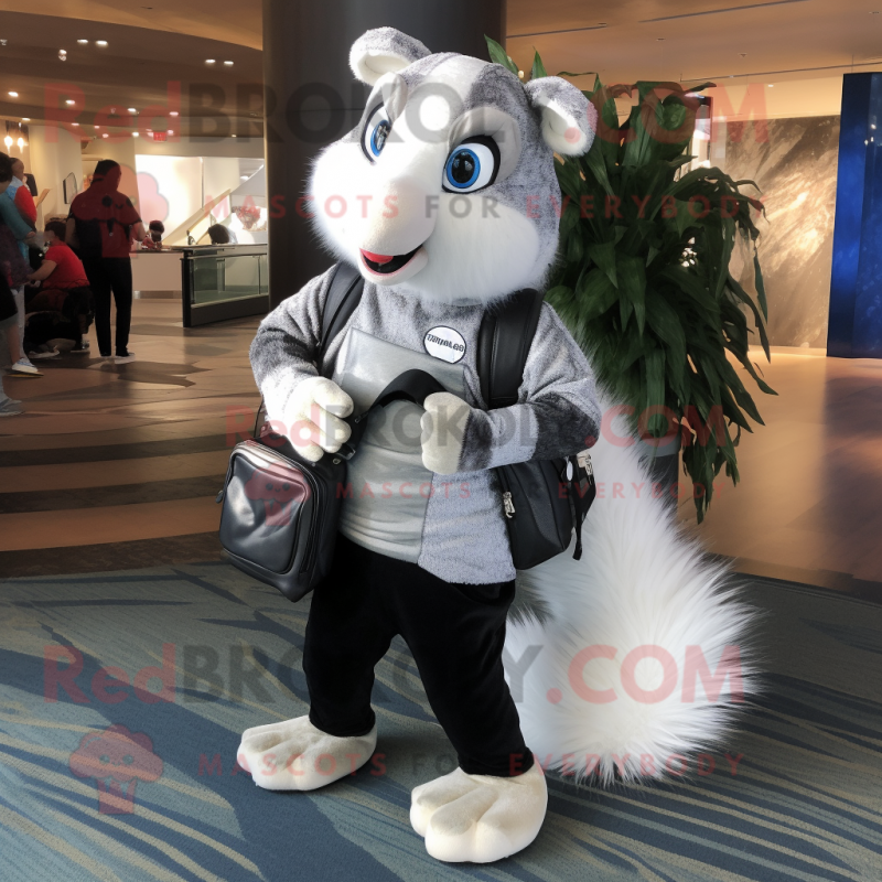 Silver Skunk mascot costume character dressed with a Bootcut Jeans and Messenger bags