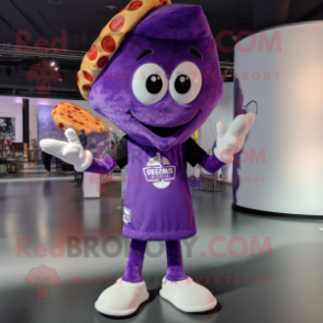 Purple Pizza Slice mascot costume character dressed with a Shorts and Beanies
