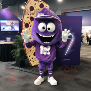 Purple Pizza Slice mascot costume character dressed with a Shorts and Beanies
