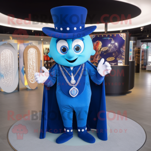 Blue Ring Master mascot costume character dressed with a Sweater and Necklaces