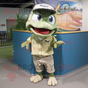 Olive Barracuda mascot costume character dressed with a Oxford Shirt and Caps