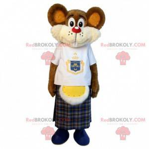 Bruine muis mascotte met een kilt. Knaagdier mascotte -
