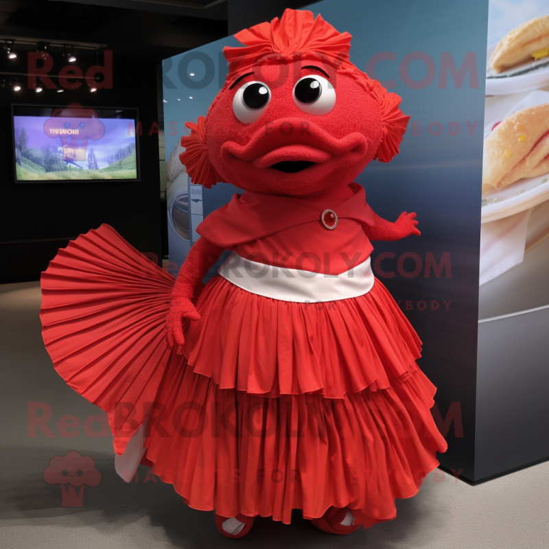 Red Fish Tacos mascot costume character dressed with a Pleated Skirt and Bracelet watches