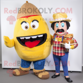 Gold Burgers mascot costume character dressed with a Dungarees and Shawls