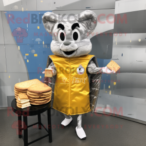 Silver Grilled Cheese Sandwich mascot costume character dressed with a Parka and Coin purses