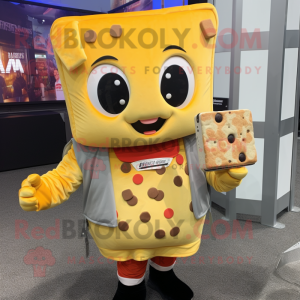 Silver Grilled Cheese Sandwich mascot costume character dressed with a Parka and Coin purses