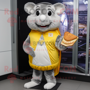 Silver Grilled Cheese Sandwich mascot costume character dressed with a Parka and Coin purses