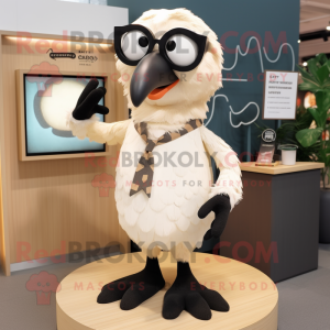 Cream Crow mascot costume character dressed with a Playsuit and Eyeglasses