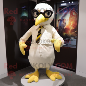 Cream Crow mascot costume character dressed with a Playsuit and Eyeglasses