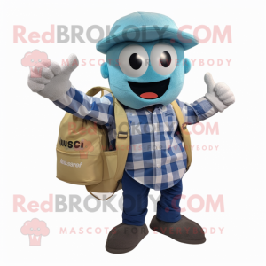 Blue Pesto Pasta mascot costume character dressed with a Flannel Shirt and Messenger bags