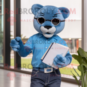 Sky Blue Panther mascot costume character dressed with a Jeans and Reading glasses