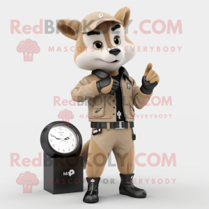 Beige Marten mascot costume character dressed with a Biker Jacket and Smartwatches