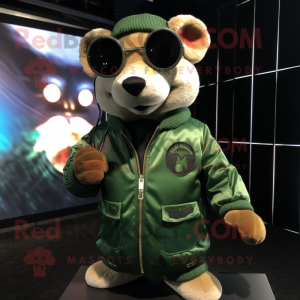 Forest Green Weasel mascot costume character dressed with a Bomber Jacket and Sunglasses