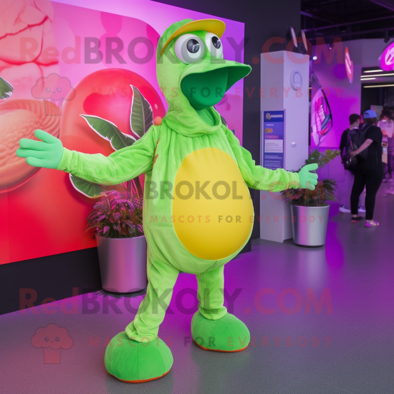 Lime Green Flamingo mascot costume character dressed with a Bodysuit and Hats