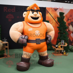 Orange Strongman mascot costume character dressed with a Polo Shirt and Headbands