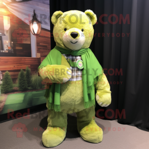 Lime Green Teddy Bear mascot costume character dressed with a Flannel Shirt and Shawl pins