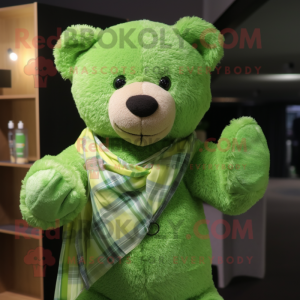 Lime Green Teddy Bear mascot costume character dressed with a Flannel Shirt and Shawl pins