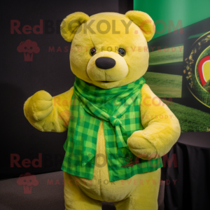 Lime Green Teddy Bear mascot costume character dressed with a Flannel Shirt and Shawl pins