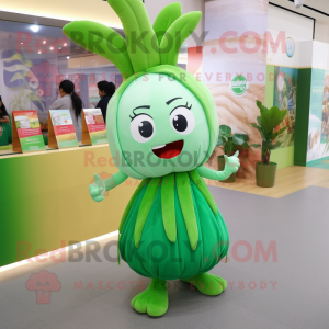 Green Onion mascot costume character dressed with a Midi Dress and Hair clips