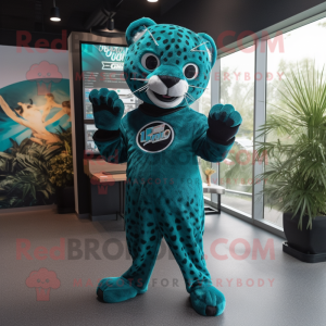 Teal Jaguar mascot costume character dressed with a Long Sleeve Tee and Hair clips