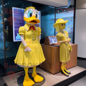 Lemon Yellow Muscovy Duck mascot costume character dressed with a Mini Dress and Watches