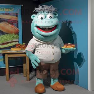 Cyan Pulled Pork Sandwich mascot costume character dressed with a Henley Shirt and Tie pins