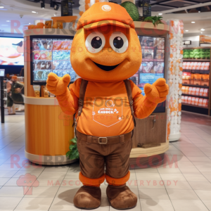 Orange Chocolates mascot costume character dressed with a Cargo Shorts and Beanies