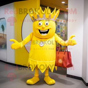 Yellow King mascot costume character dressed with a Playsuit and Handbags