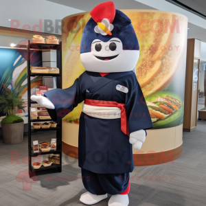 Navy Sushi mascot costume character dressed with a Cardigan and Handbags