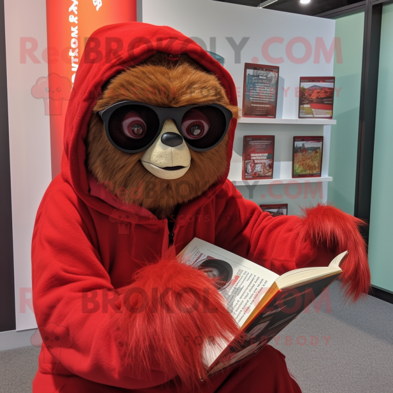 Red Sloth mascot costume character dressed with a Cover-up and Reading glasses