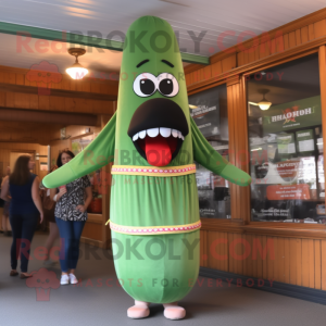 Olive Hot Dog mascot costume character dressed with a Mini Dress and Suspenders