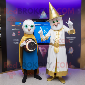Gold Magician mascot costume character dressed with a Pencil Skirt and Smartwatches
