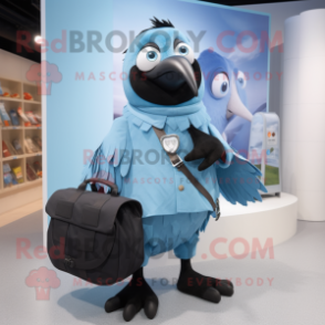 Sky Blue Crow mascot costume character dressed with a Poplin Shirt and Messenger bags