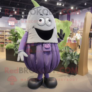 Gray Eggplant mascot costume character dressed with a Pencil Skirt and Suspenders