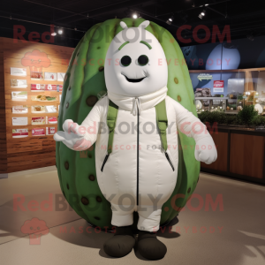 White Cucumber mascot costume character dressed with a Bomber Jacket and Mittens