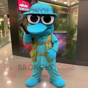 Turquoise Sniper mascot costume character dressed with a Dress Shirt and Sunglasses