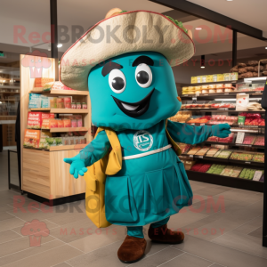 Teal Tacos mascot costume character dressed with a Coat and Tote bags