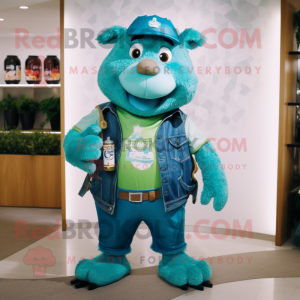 Turquoise Green Beer mascot costume character dressed with a Chinos and Belts