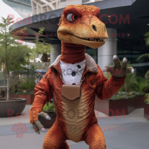 Rust Utahraptor mascot costume character dressed with a Mom Jeans and Coin purses