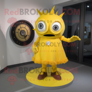 Yellow Cyclops mascot costume character dressed with a Circle Skirt and Watches